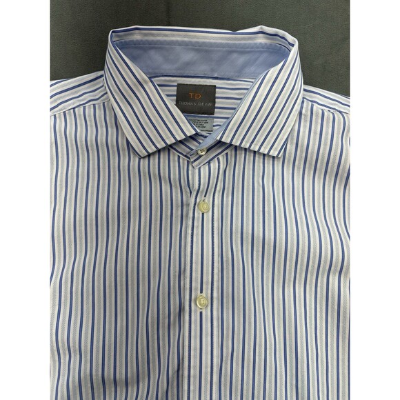 Thomas Dean Button Long Sleeve Striped Dress Shirt Mens XXL Flip Cuff Blue White - Picture 2 of 9